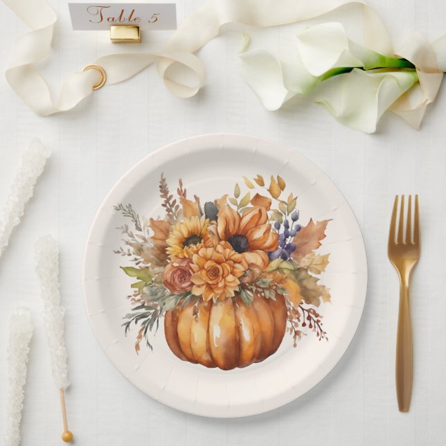 Assiettes En Carton Citrouille avec fleurs-Thanksgiving- (Mariage)