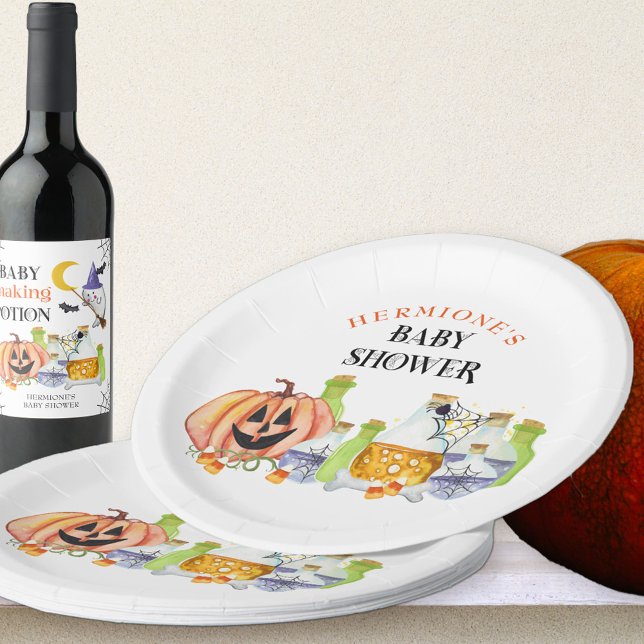 Assiettes En Carton Citrouille Baby shower Halloween et potions (Halloween Baby Shower paper plates with cute pumpkin and magic baby making potions)