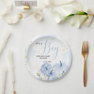 Assiettes En Carton Citrouille bleu automne Floral Boy Baby shower