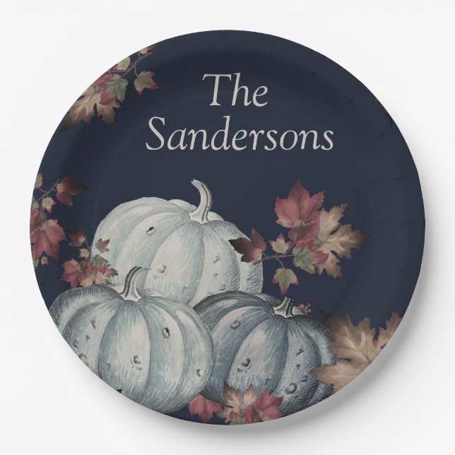 Assiettes En Carton Citrouille Bleu de fête d'automne, Bon thanksgivin (Devant)