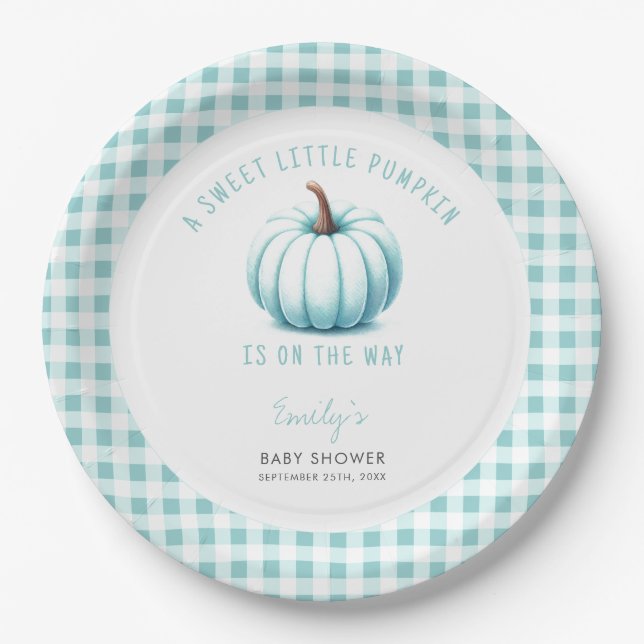 Assiettes En Carton Citrouille Bleu En vichy Plaid  garçon Baby shower (Devant)