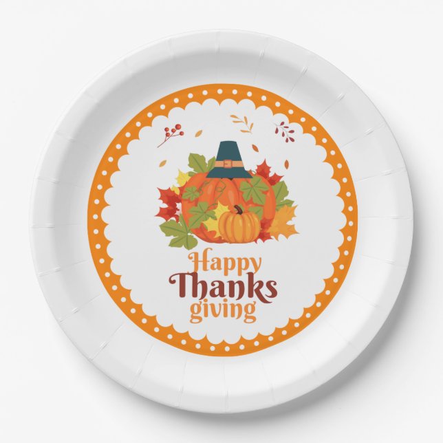 Assiettes En Carton Citrouille bon thanksgiving avec Casquette et Feui (Devant)