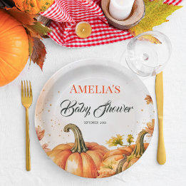 Assiettes En Carton Citrouille d'automne à l'aquarelle orange doré cha