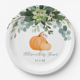Assiettes En Carton Citrouille de automne et baby shower vert d'eucaly