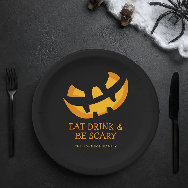 Assiettes En Carton Citrouille Manger Boire et être Effrayant (Jack-O-Lantern Eat Drink and Be Scary Paper Plates)