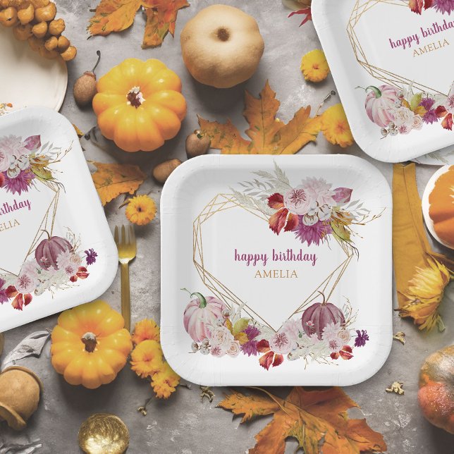 Assiettes En Carton Citrouille rose Rustique Floral Joyeux anniversair (rustic floral paper plates with gold geometric heart from the little pumpkin collection)
