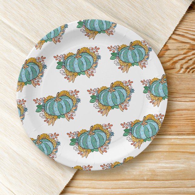 Assiettes En Carton Citrouille turquoise automne modèle floral (Créateur téléchargé)
