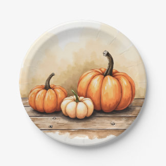 Assiettes En Carton Citrouilles d'automne sur table en bois