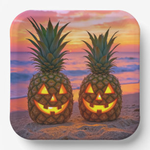 Assiettes En Carton Citrouilles de Halloween en ananas sur une plage