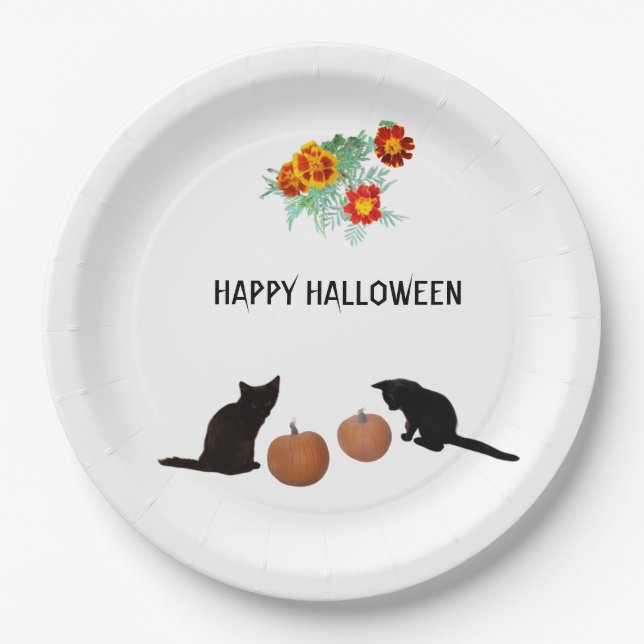 Assiettes En Carton Citrouilles d'Halloween, Chats noirs, Marigolds (Devant)