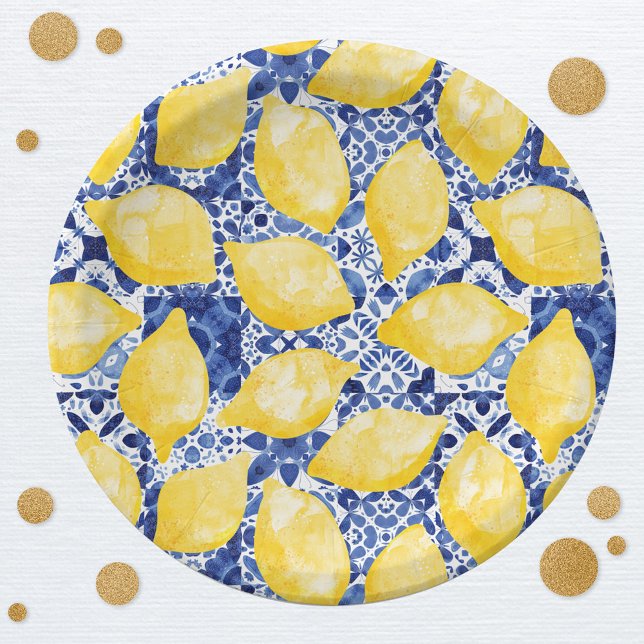 Assiettes En Carton Citrus citron Aquarelle Bleu Carrelage méditerrané (Watercolor lemons on a blue and white Mediterranean tile background patterned party paper plates)