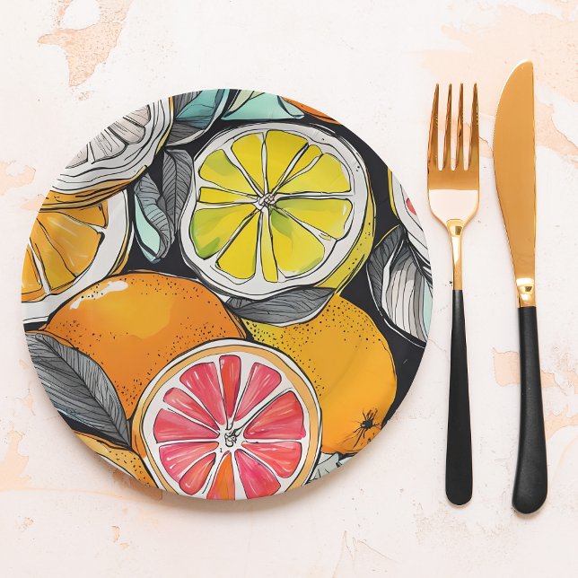 Assiettes En Carton Citrus coloré (Colorful paper plates for parties, picnics, barbecues and everyday use.)