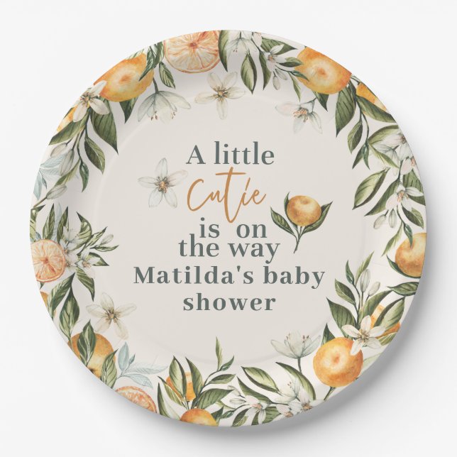 Assiettes En Carton Citrus, orange + fleur petite cutie baby shower (Devant)