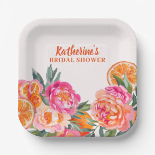 Assiettes En Carton Citrus Orange & Rose Floral Gras Fête des mariées