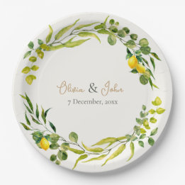 Assiettes En Carton Citrus Yellow and Green Watercolor Lemon Wedding