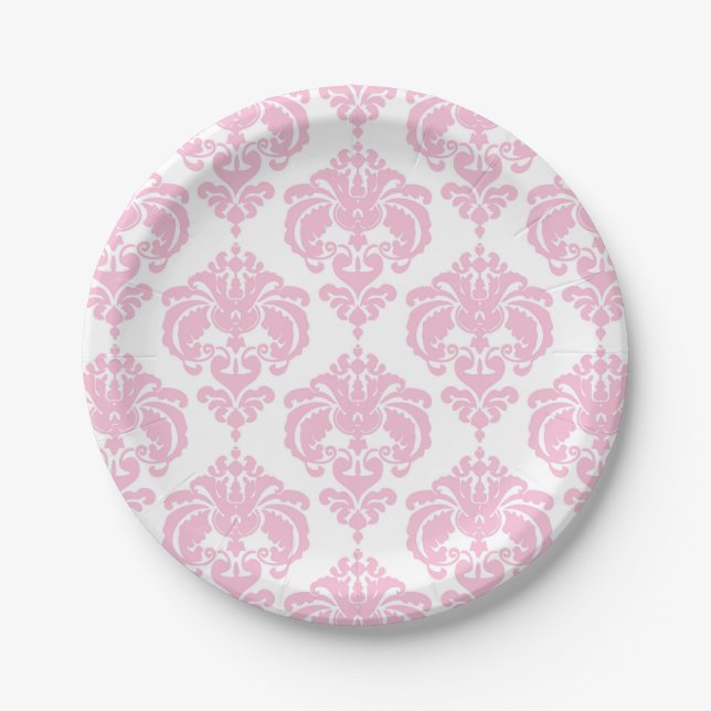 Assiettes En Carton Clair rose & blanc Damask Chic Elegant Party (Devant)