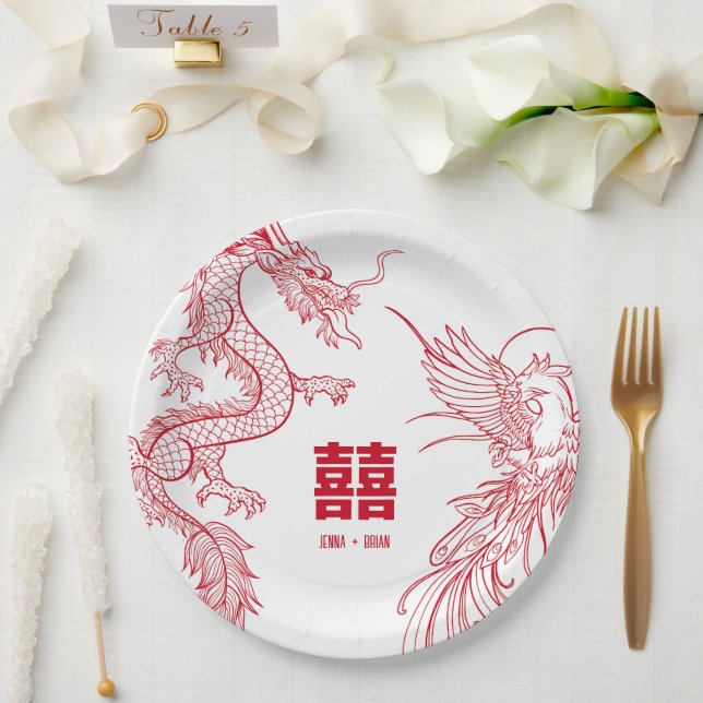 Assiettes En Carton Clash Dragon et Phoenix | Double bonheur (Mariage)