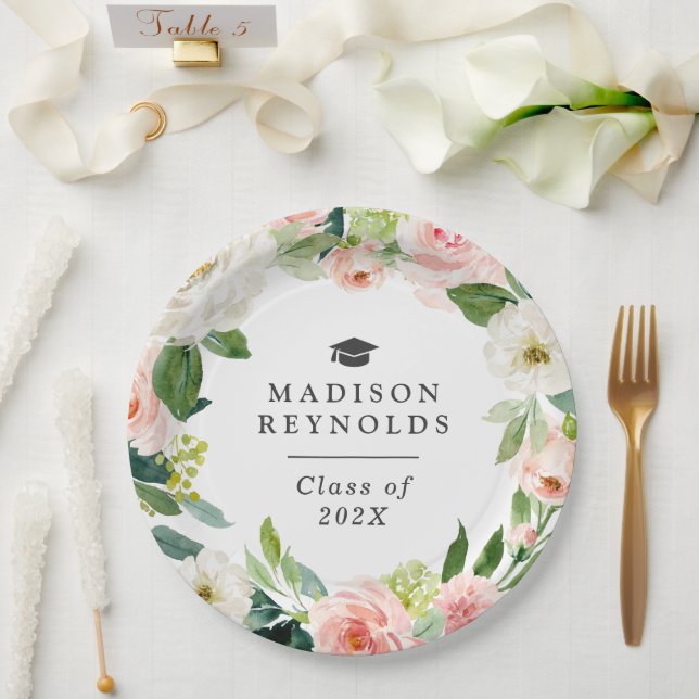 Assiettes En Carton Classe de 2023 Graduation Elegant Blush Pink Flora (Mariage)