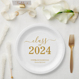 Assiettes En Carton Classe de 2024 Gold Script Graduation