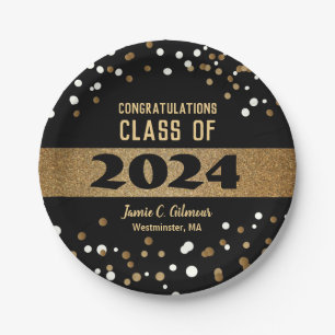 Assiettes En Carton Classe de 2024 Graduation or noir blanc confetti