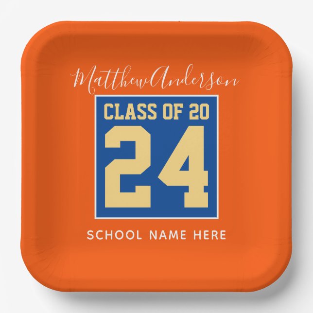 Assiettes En Carton Classe de 2024 Orange Blue & Gold Graduation Party (Recto)
