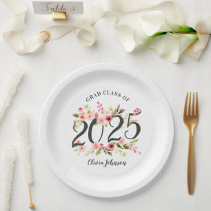 Assiettes En Carton Classe de 2024 Pink Watercolor Flowers Graduation