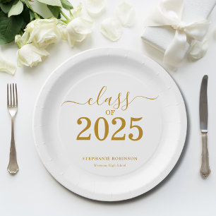 Assiettes En Carton Classe de 2025 Gold Script Graduation