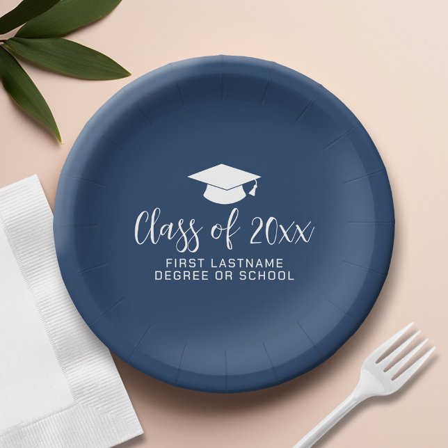 Assiettes En Carton Classe de 20xx Trendy Script and Name - Navy (Custom Paper Plate)