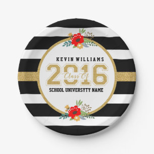 Assiettes En Carton Classe De Parties scintillant Or 2016 Bandes Noir 
