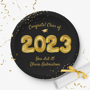 Assiettes En Carton Classe du ballon 2023, Black Gold Graduation Party