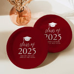Assiettes En Carton Classe moderne de 2025 Script Bourgogne Graduation<br><div class="desc">Ajoutez une touche personnalisée à votre fête de remise des diplômes grâce à ces plaques de papier moderne ! Les plaques en papier sont recouvertes d'un capuchon de graduation en haut du design, avec "Class of 2025" en gras blanc sur un arrière - plan bordeaux. Personnalisez les plaques de fin...</div>