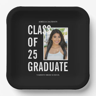 Assiettes En Carton Classe Noir & Blanc De 25 Photo Graduation Party