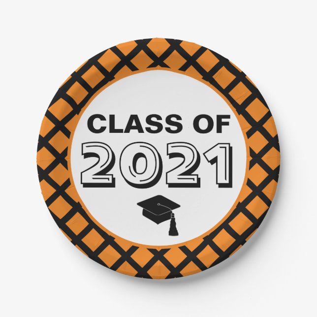 Assiettes En Carton Classe Orange & Noir de 2024 Graduation (Devant)