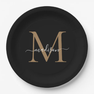 Assiettes En Carton Classic Black Gold Monogramme Moderne Nom du scrip