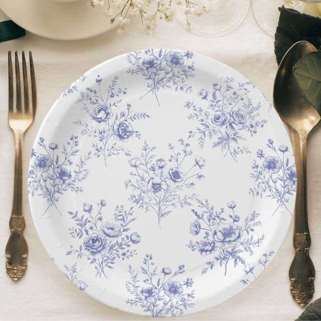 Assiettes En Carton Classic Blue Flowers Pattern French blue toile (In situ)