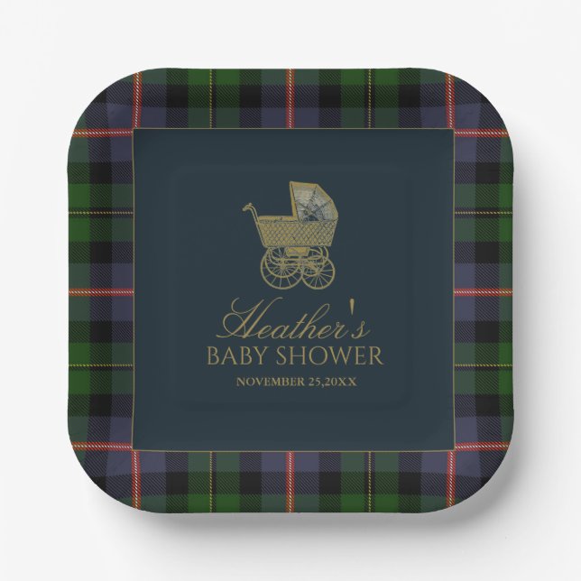 Assiettes En Carton Classic Dark Green Blue Plaid Baby Shower (Recto)