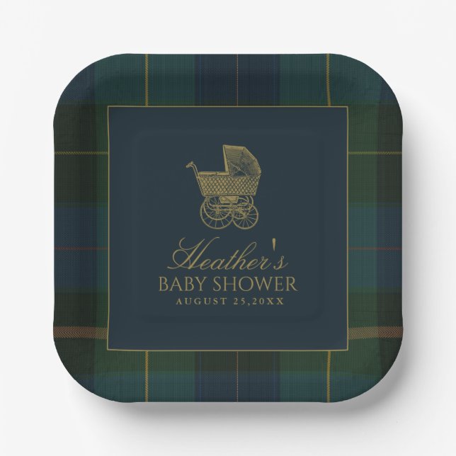 Assiettes En Carton Classic Dark Green & Blue Plaid Baby Shower (Recto)