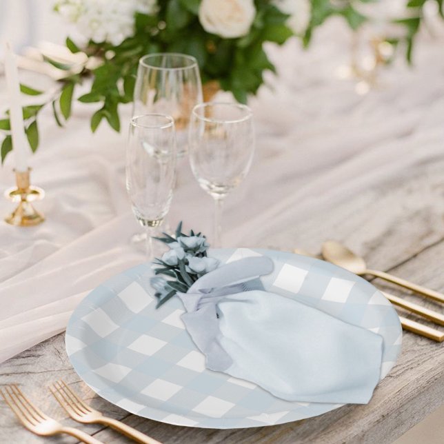 Assiettes En Carton Classic Dusty Blue & White En vichy Check (Dusty Blue and White Gingham Check Plaid Wedding Dining Paper Plate )