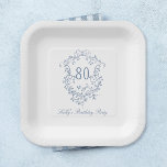 Assiettes En Carton Classic French Victorian Blue 80th Birthday Party<br><div class="desc">Plaque de papier d'anniversaire à crête florale bleue victorienne classique pour tout âge. Pour une personnalisation plus avancée de cette conception,  cliquez sur le BOUTON DESIGN TOOL ci-dessus !</div>