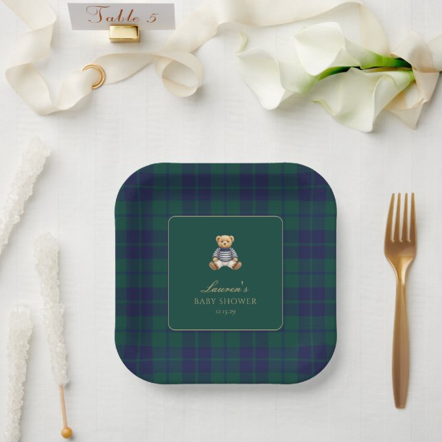 Assiettes En Carton Classic Green Navy Plaid Bear Baby Shower  (Mariage)