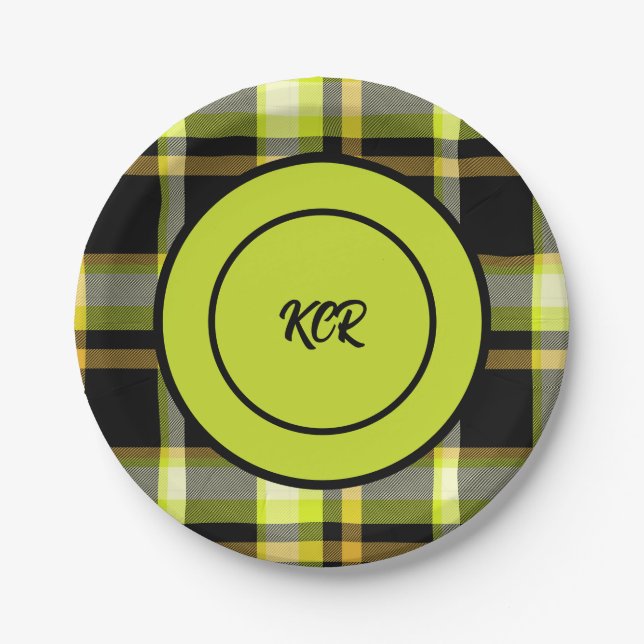 Assiettes En Carton Classic Jaune Tartan Noir Motif Plaid Party (Devant)