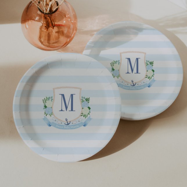 Assiettes En Carton Classic Nautical Monogram Boy Baby shower Party (Coastal monogram crest initial monogram baby shower or wedding anniversary paper plates)