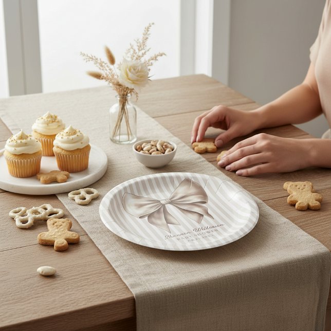 Assiettes En Carton Classic Ribbon Bow Beige Baby Shower Plates (Créateur téléchargé)
