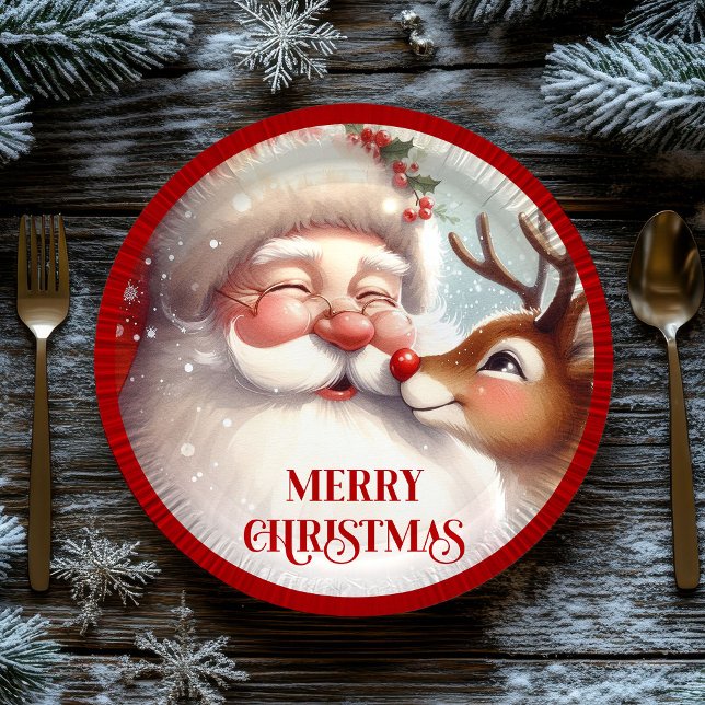 Assiettes En Carton Classic Santa and Rudolph Kids Christmas Plates (Classic Santa and Rudolph Kids Christmas Paper Plates

)