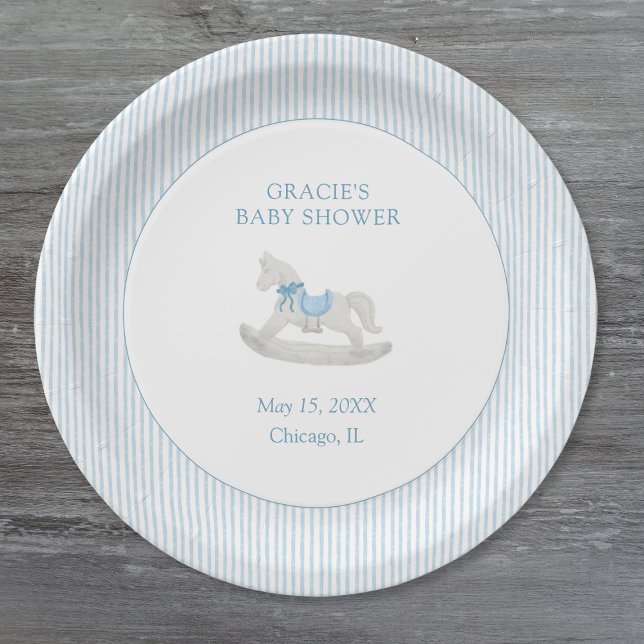 Assiettes En Carton Classic Simple Blue Rocking Horse Baby shower garç (Créateur téléchargé)