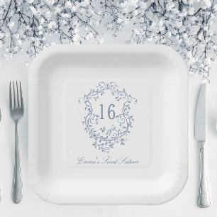 Assiettes En Carton Classique Français Bleu Floral Crest Sweet 16 Anni