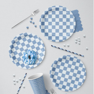 Assiettes En Carton Classique Pique-Nique Bleu Nuit et Blanc Gingham