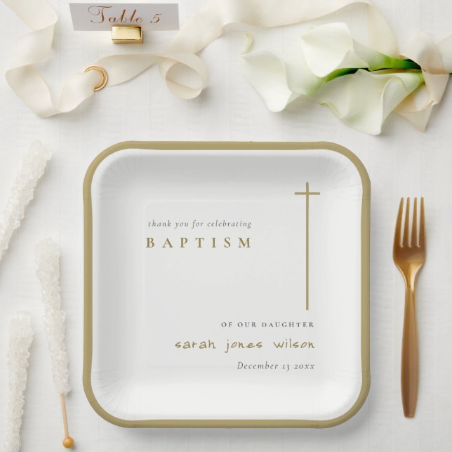 Assiettes En Carton Classy Elegant Minimal Gold Typographie Baptême (Mariage)