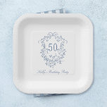 Assiettes En Carton Classy French Victorian Blue 50th Birthday Party<br><div class="desc">Plaque de papier d'anniversaire à crête florale bleue victorienne classique pour tout âge. Pour une personnalisation plus avancée de cette conception,  cliquez sur le BOUTON DESIGN TOOL ci-dessus !</div>