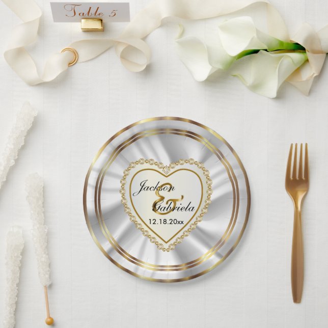 Assiettes En Carton Classy Gold & Satin Blanc Mariage ou Anniversaire (Mariage)